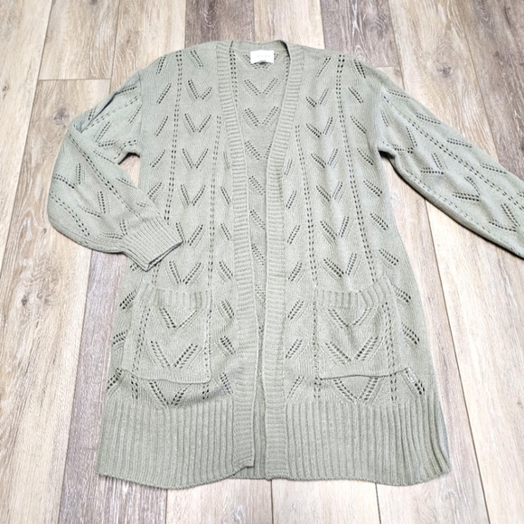 Pinque Stitch Fix Sage Green Textured Crochet Knit Open Cardigan Women's Medium - Picture 4 of 10